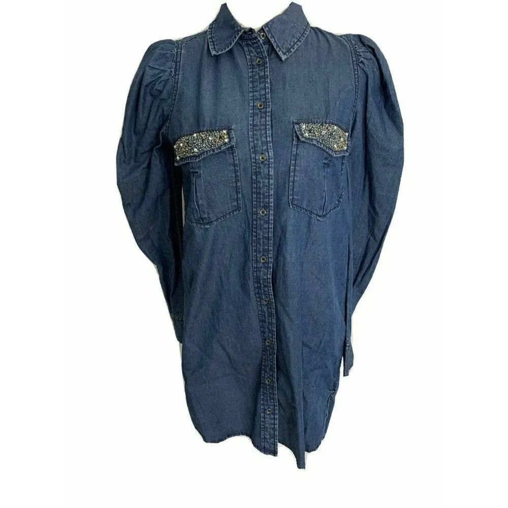Zara Womens Blue Denim Look Long Sleeve Beaded Top Xs